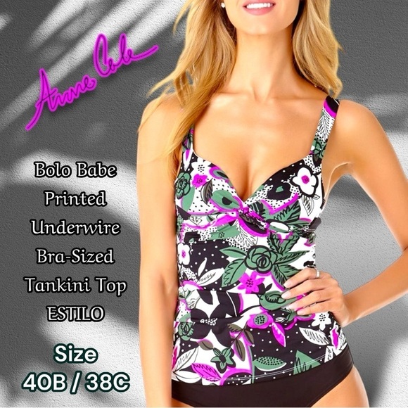 ANNE COLE Bolo Babe Printed Underwire
Bra-Sized Tankini Top Pink Green 38C 40B - Picture 1 of 16